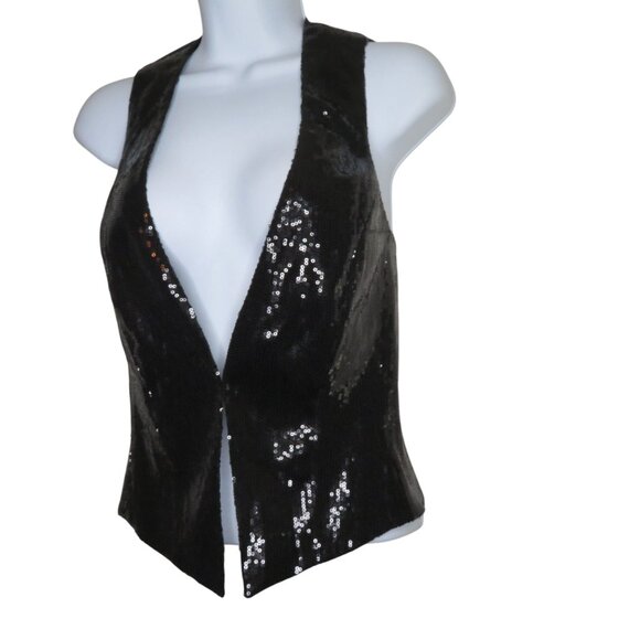 Vintage Cache Womens Sequined Black Open Front Vest Size 0 Party Festival Mod - Picture 5 of 9